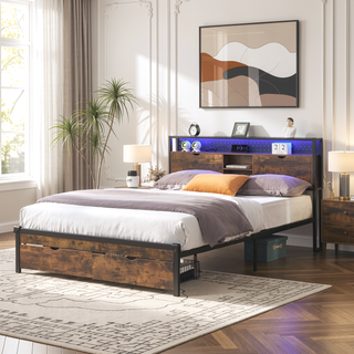 Sunvega Full Size Metal Platform Bed Frame with Wooden Headboard and Footboard