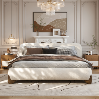 Sunvega Modern Puffy Platform Bed with Arched Headboard in Ivory White Boucle