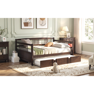 Sunvega Full Size Daybed with Twin Trundle Solid Wood Frame for Living Room