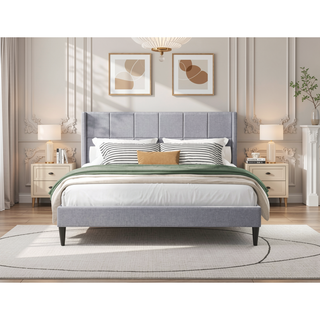 Sunvega Modern Minimalist Linen Upholstered Wingback Bed with Panel-Tufted Headboard