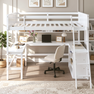 Sunvega Sturdy Pine Wood Loft Bed with Bookshelves and Desk for Small Spaces