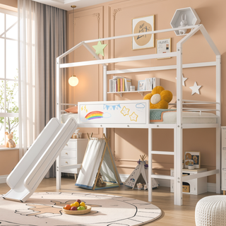 Sunvega Twin Size Metal Loft Bed with Slide and Two-Sided Writable Wooden Board