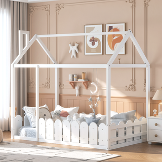 Sunvega Twin Size House Bed Frame with Fence and Roof for Kids and Teens