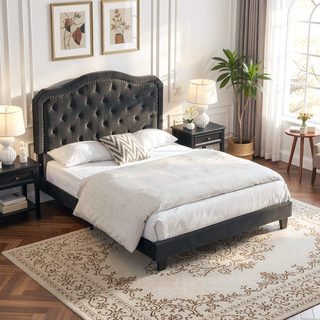 Sunvega Black Velvet Queen Upholstered Bed with Button Tufted Curve Design and LED Lights