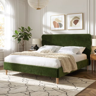 Sunvega Retro Modern Wavy Headboard Platform Bed with Upholstered Frame in Antique White