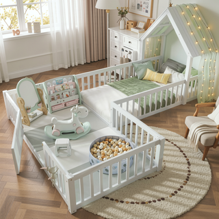 Sunvega Full Size House Floor Bed with Door and Full-Length Guardrails for Kids