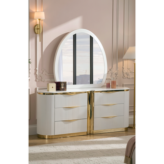 Sunvega White and Gold Six-Drawer Dresser with Soft-Closing Ball-Bearing Drawers