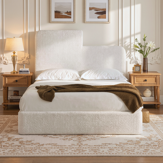 Sunvega Pearl White Chenille Upholstered King Bed with 52 Inch Tall Headboard