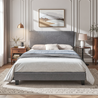 Sunvega King Size Upholstered Platform Bed with Button Tufted Linen Headboard