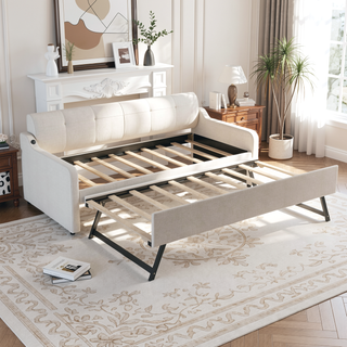 Sunvega Beige Upholstered Twin Daybed with Trundle and USB Charging Design