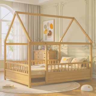 Sunvega Twin Size Floor Wooden Bed with House Roof Frame and Fence Guardrails