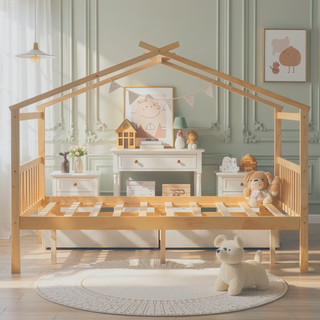 Sunvega Twin Size Wooden House Bed with Drawers and Headboard for Kids Room