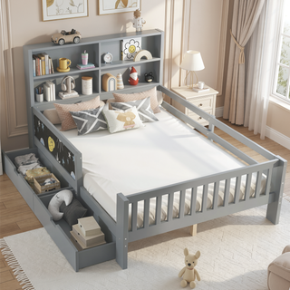 Sunvega Twin Solid Wood Platform Bed with Chalkboard Headboard and Storage Drawers