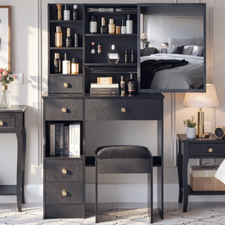 Sunvega Small Space Left Drawer Desktop Vanity Table with Cushioned Stool