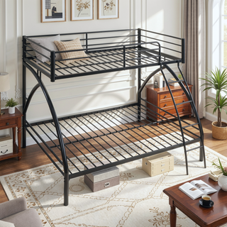 Sunvega Gray Metal Twin/Full Bunk Bed with Guard Rails and Ladder