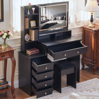Sunvega 41 Inch Large Size Left Bedside Cabinet Vanity Table with Cushioned Stool