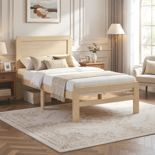Sunvega Contemporary Natural Finish Full Size Platform Bed Frame with Headboard