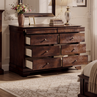 Sunvega Brown Cherry Finish Louis Phillipe Style 6 Drawer Dresser with Hidden Jewelry Storage