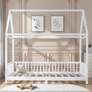 Sunvega White House Shaped Full Size Bed with Guardrail and LED Lights