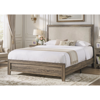 Sunvega Brown Cherry Finish Contemporary Fabric Panel Bed in One Box