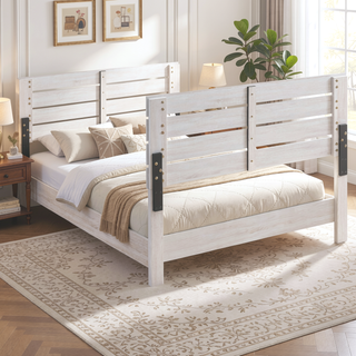 Sunvega Coastal White Eastern King Panel Bed with Slatted Headboard and Footboard