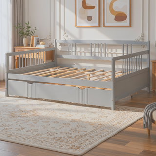Sunvega Full Size Daybed with Twin Trundle Solid Wood Frame for Living Room