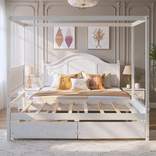 Sunvega Modern Wood Canopy Bed with Two Drawers and Brushed White Finish