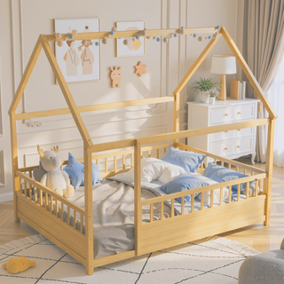 Sunvega Twin Size Floor Wooden Bed with House Roof Frame and Fence Guardrails