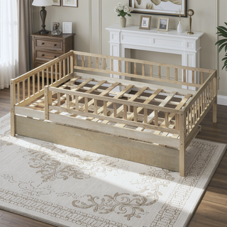 Sunvega Natural Twin Size Wood Daybed with Trundle and Fence Guardrails