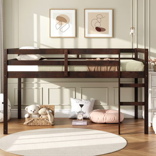 Sunvega Espresso Rubber Wood Low Height Loft Bed with Ladder for Bedroom