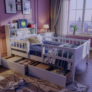 Sunvega White Twin Size Wood Platform Bed with LED Light Headboard and 2 Drawers