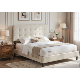 Sunvega Button-Tufted Upholstered Beige Linen Look Headboard for Full Size Bed