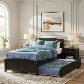 Sunvega White Twin Size Wood Platform Bed with Trundle for Maximized Space
