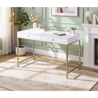 Sunvega Modern White High Gloss and Gold Writing Desk with 2 Drawers
