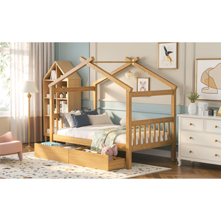 Sunvega Twin Size Wooden House Bed with Drawers and Headboard for Kids Room