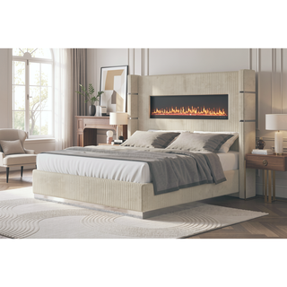 Sunvega King Size Upholstered Wooden Bed with Bluetooth Speakers and USB Ports