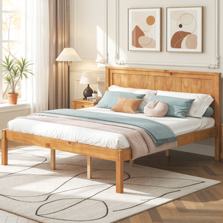 Sunvega Sturdy Wood Platform Bed Frame with Headboard for Queen Size Oak Finish