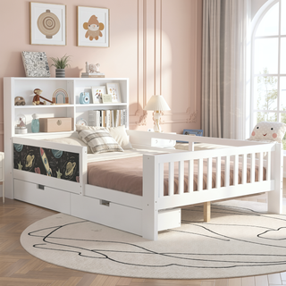 Sunvega Twin Solid Wood Platform Bed with Chalkboard Headboard and Storage Drawers