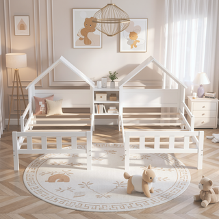 Sunvega Sturdy Solid Pine Wood Double Twin Size House-shaped Headboard Platform Bed