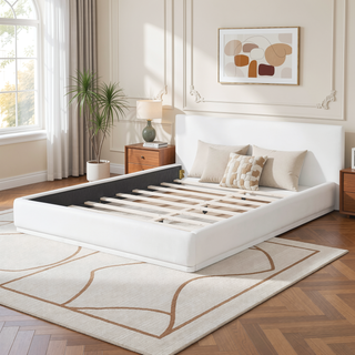 Sunvega Upholstered Bed with Padded Headboard and Wooden Slat Frame in White