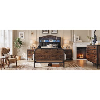 Sunvega Kids Full Metal Bed with Upholstered Headboard LED Lights and Storage