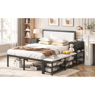Sunvega Full Size Metal Platform Bed with Two Tier Storage Shelves and Wooden Cabinet