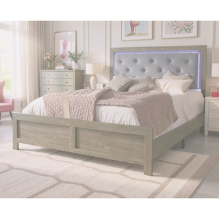 Sunvega Modern Beige Faux Leather Queen Panel Bed with Headboard Lighting