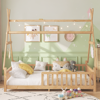 Sunvega Full Size Low Profile House Bed with LED Light Roof and Safety Fence