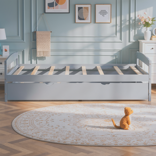 Sunvega White Twin Size Platform Bed with Trundle and Headboard Footboard