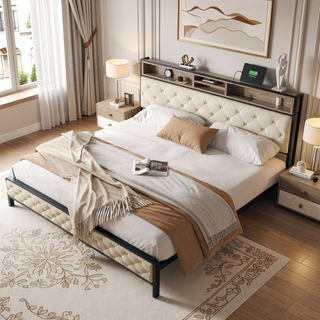Sunvega King Size Platform Bed Frame with Charging Station and Upholstered Storage Headboard