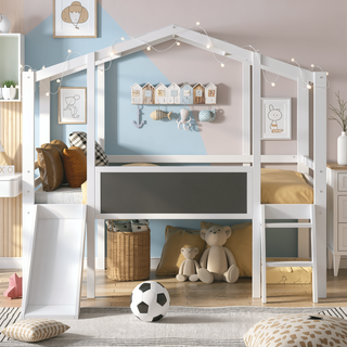 Sunvega Twin Size Loft Bed with Ladder Slide Blackboard and Light Strip