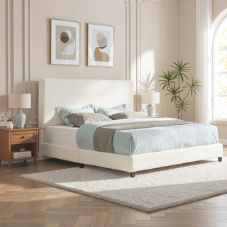 Sunvega King Size White Boucle Upholstered Platform Bed with Padded Headboard