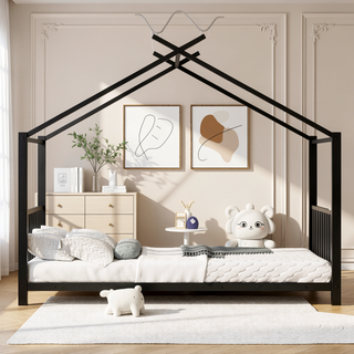 Sunvega Adorable Pink Twin Size Metal House Platform Bed Frame for Kids