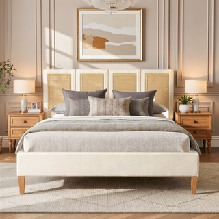 Sunvega Upholstered Platform Bed with Rattan Panels and Ivory Fabric for Bedroom
